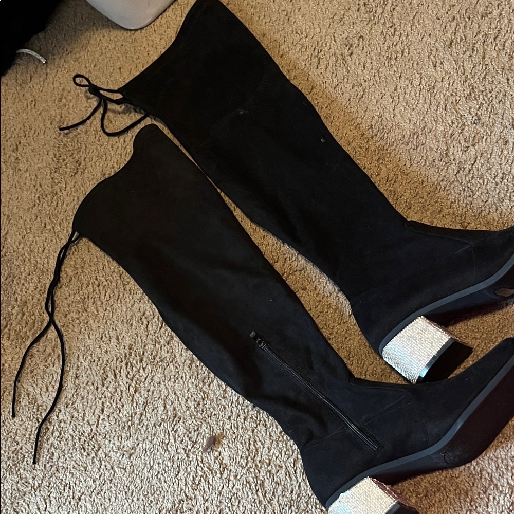 Elegant Black Knee-High Boots with Silver Heels